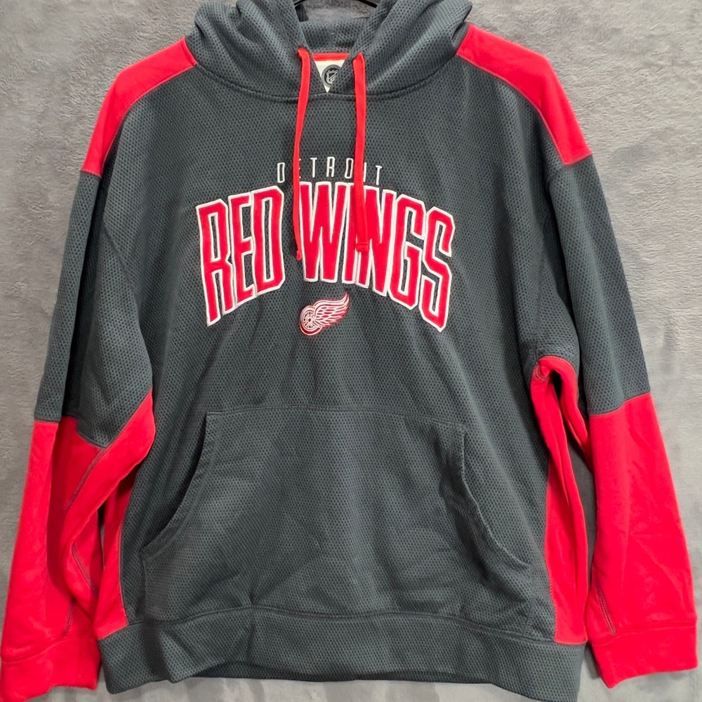NHL Detroit Red Wings Hoodie Mens XL Gray Red Mesh Pullover Sweatshirt